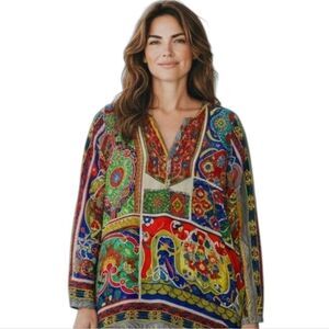 Johnny Was 100% Silk Red Graphic Tunic Mandarin Collar size M